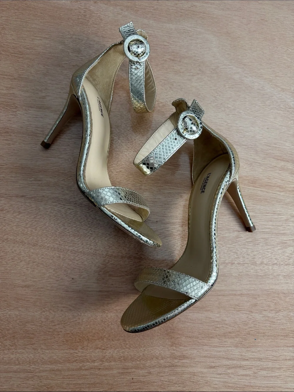 L'AGENCE Metallic Gold Snake-Embossed Ankle-Strap Stilettos